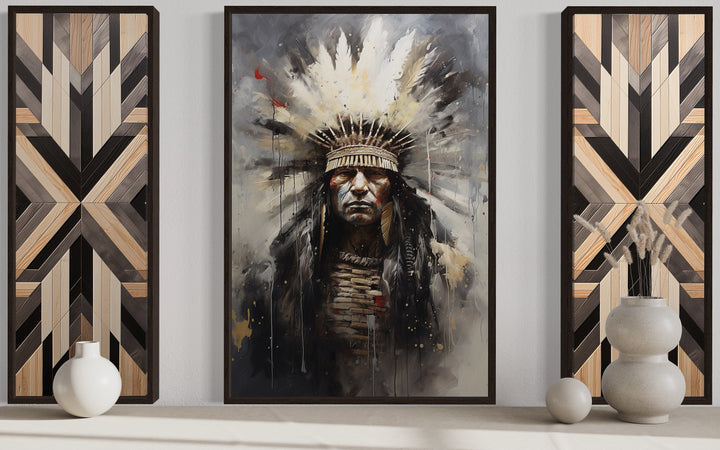 Aztec Wall Art - Set of 3 Rustic Canvas Prints Featuring Aztec Chief & Geometric Panels
