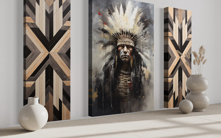 Aztec Wall Art - Set of 3 Rustic Canvas Prints Featuring Aztec Chief & Geometric Panels