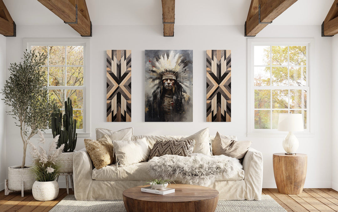 Aztec Wall Art - Set of 3 Rustic Canvas Prints Featuring Aztec Chief & Geometric Panels