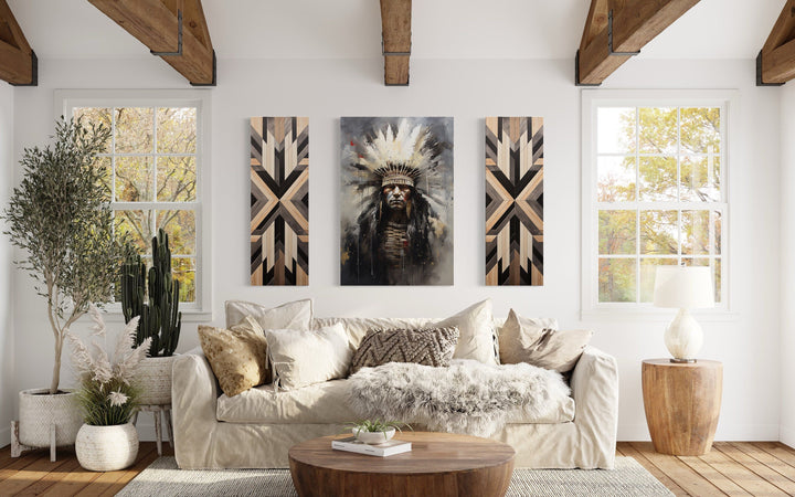 Aztec Wall Art - Set of 3 Rustic Canvas Prints Featuring Aztec Chief & Geometric Panels