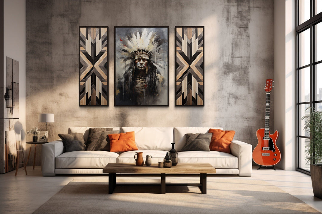 Aztec Wall Art - Set of 3 Rustic Canvas Prints Featuring Aztec Chief & Geometric Panels