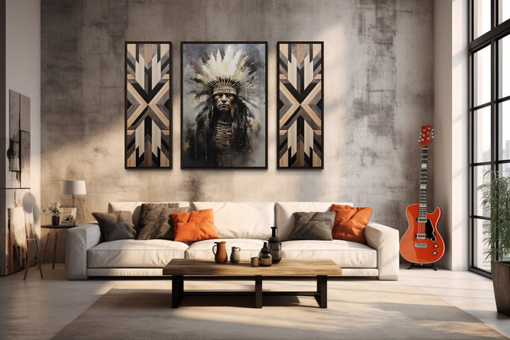 Aztec Wall Art - Set of 3 Rustic Canvas Prints Featuring Aztec Chief & Geometric Panels
