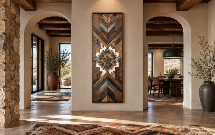 Tall narrow Aztec style wall art with geometric wood mosaic pattern on a neutral wall.