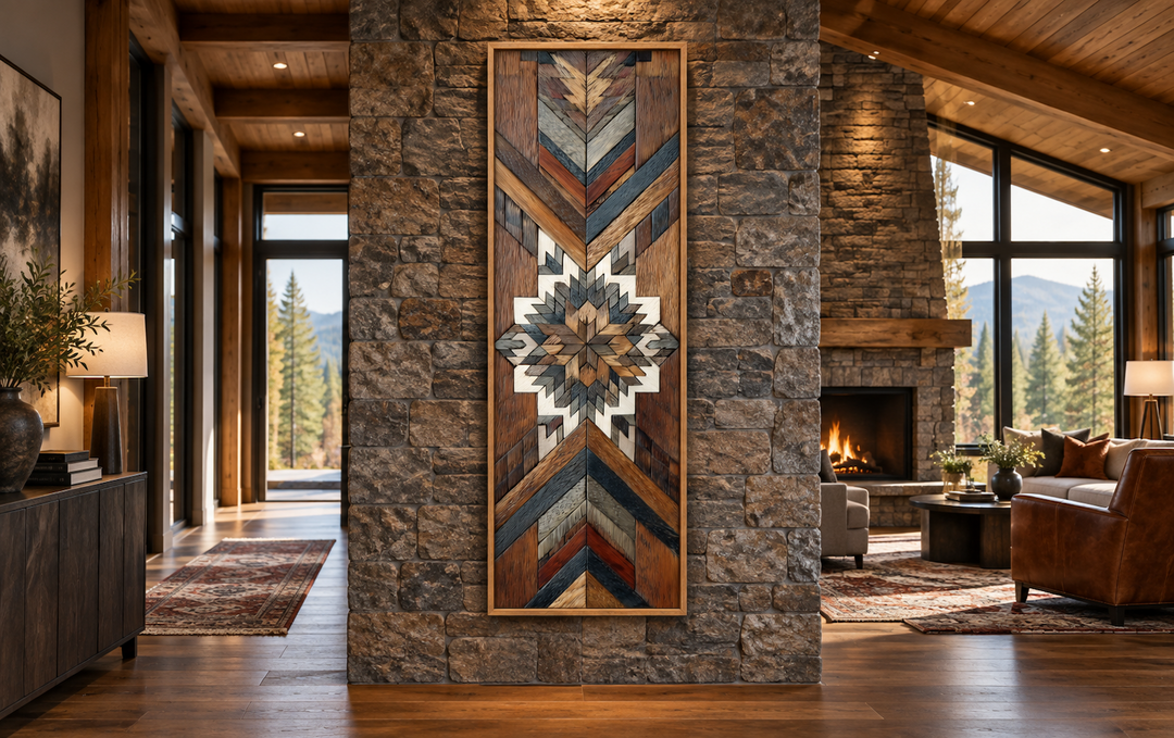 Tall narrow Aztec style wood mosaic wall art with geometric patterns on a stone fireplace wall.