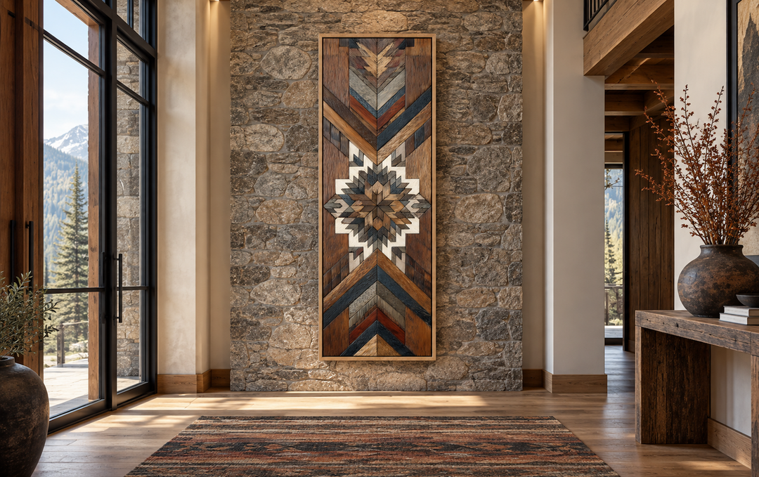 Tall narrow Aztec style wood mosaic canvas wall art with geometric patterns on a stone wall.