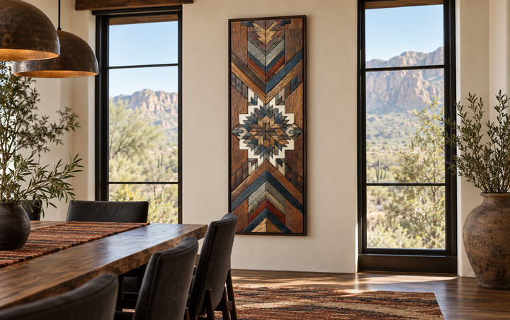 Tall narrow Aztec style wall art with geometric wood mosaic pattern in a rustic dining room.
