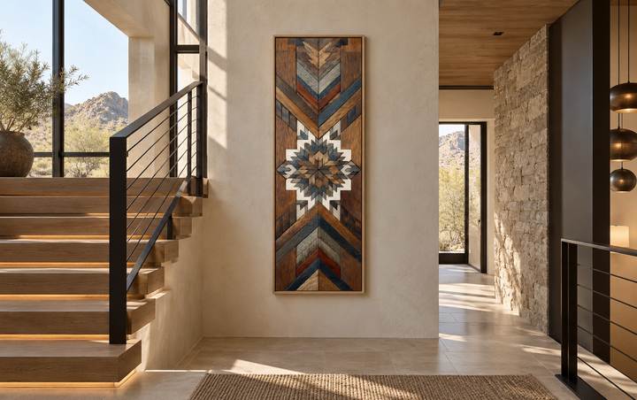Tall narrow Aztec style wall art with geometric wood mosaic patterns in a modern entryway.