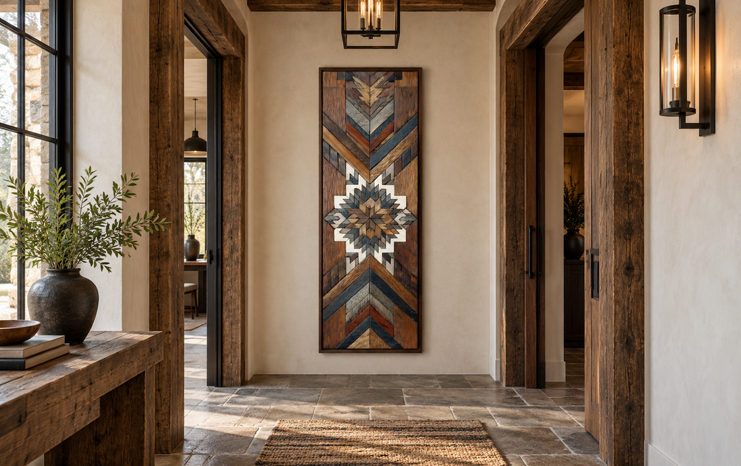Tall narrow Aztec style wall art with geometric wood mosaic pattern in a rustic hallway.