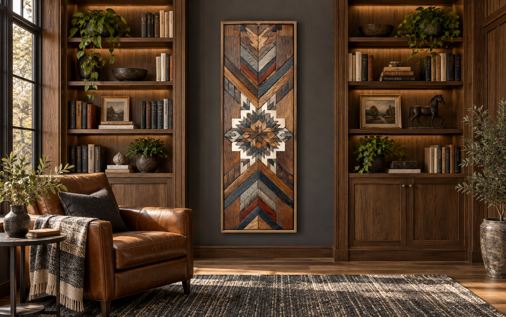 Tall narrow Aztec style wood mosaic wall art with geometric patterns in a rustic library setting.