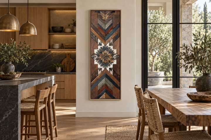 Tall narrow Aztec style wall art with geometric wood mosaic pattern in a modern kitchen and dining.