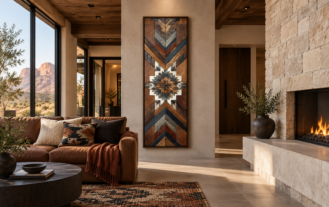 Tall narrow Aztec style wall art with geometric wood mosaic pattern in a rustic living room.