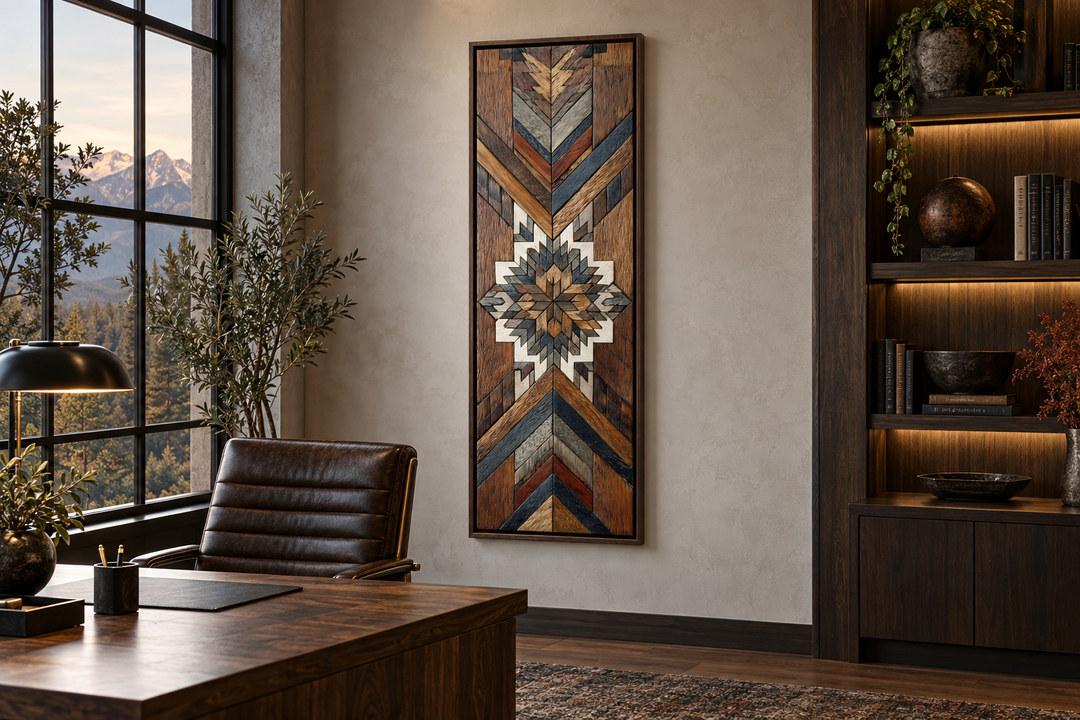 Tall narrow canvas wall art with a geometric Aztec wood mosaic pattern in an office setting.