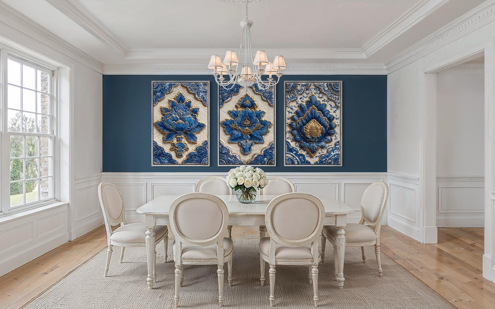 Set of three blue and gold Azulejo tile canvas prints displayed in a formal dining room.
