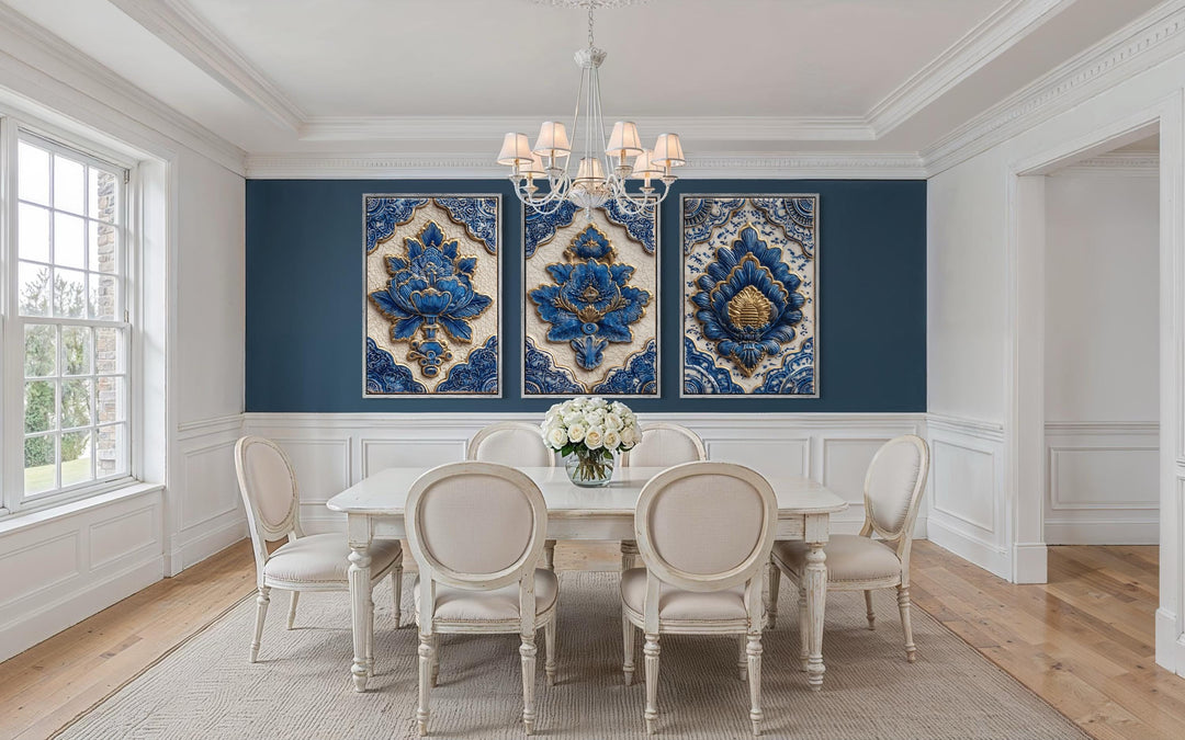 Set of three blue and gold Azulejo tile canvas prints displayed in a formal dining room.