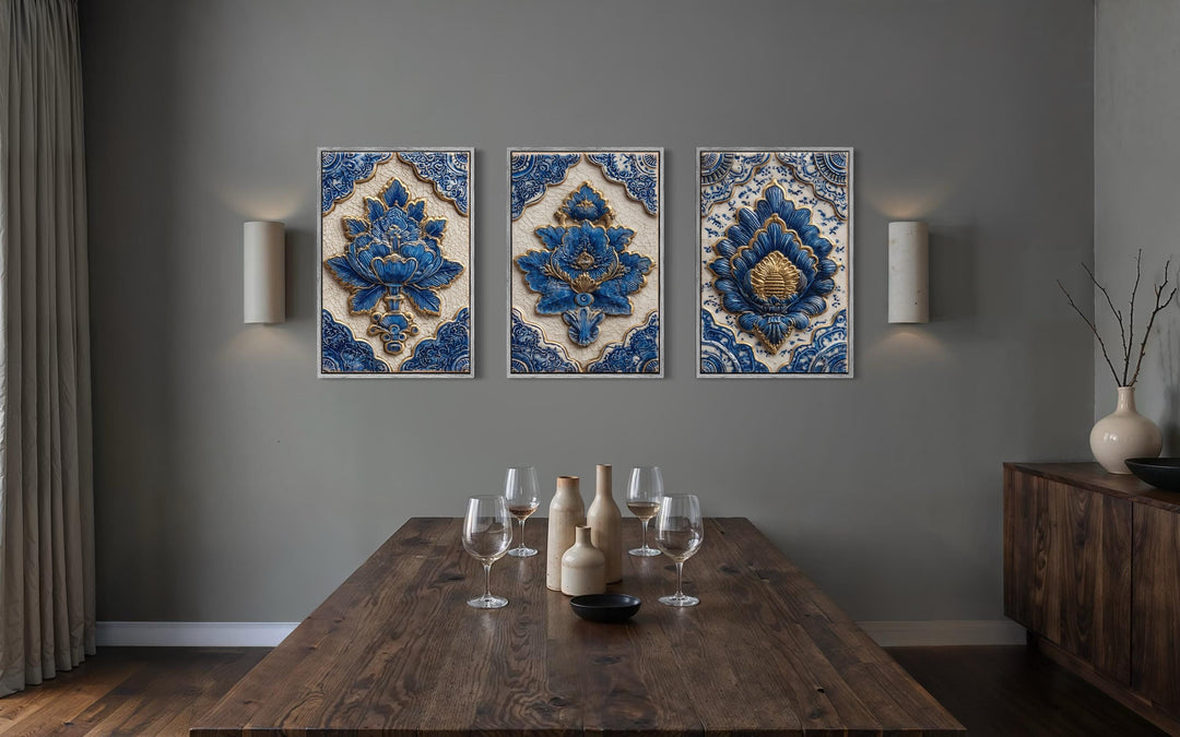 Set of three blue and gold azulejo tile canvas prints with intricate floral ceramic designs.