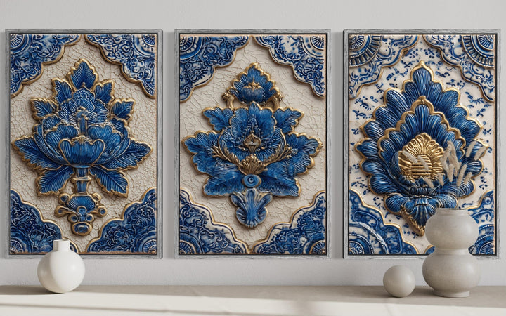 Set of three blue and gold azulejo tile canvas prints with intricate floral ceramic designs.