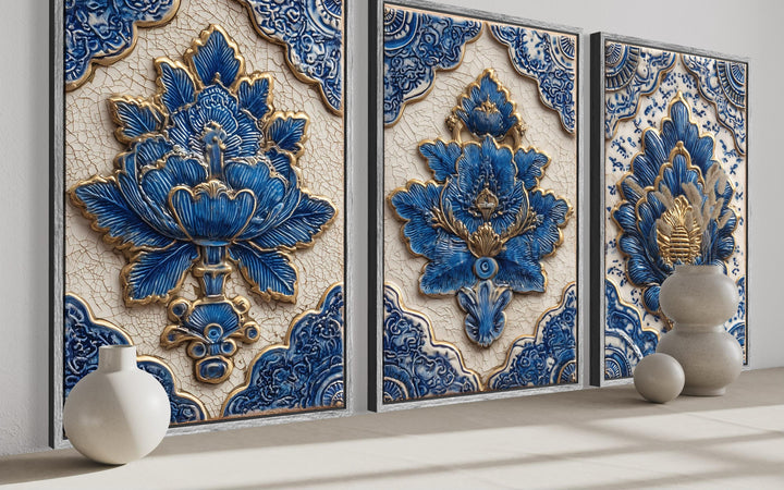 Three-piece blue and gold azulejo tile canvas wall art with intricate 3D floral ceramic patterns.