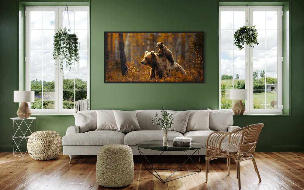 Rustic Cabin Wall Decor - Baby Bear Riding Mama Bear In Autumn Forest Framed Canvas Wall Art