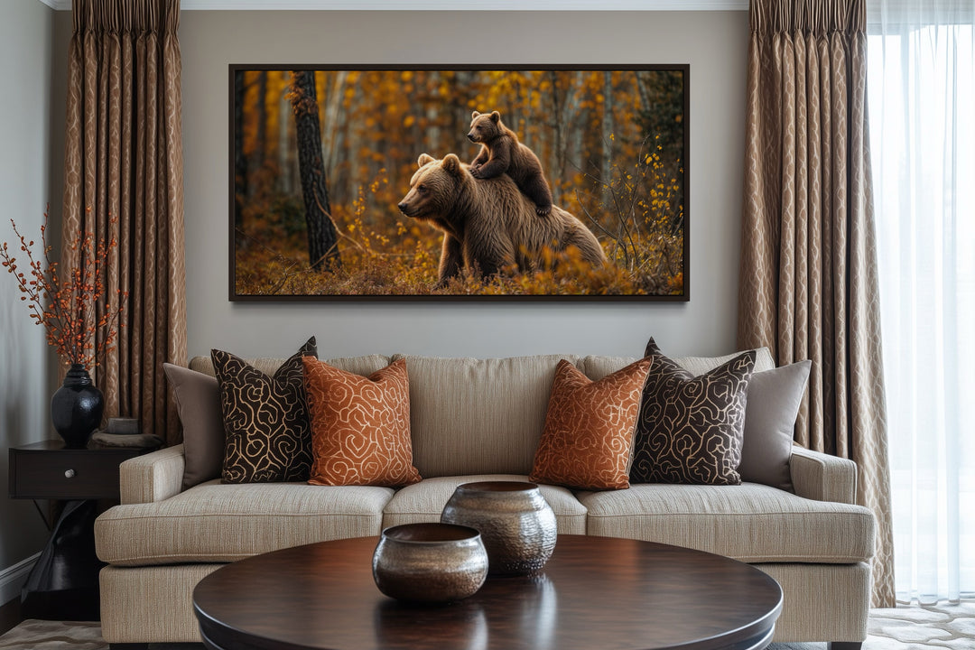 Baby Bear Riding Mama Bear In Autumn Forest Framed Canvas Wall Art