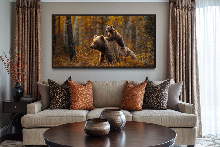 Baby Bear Riding Mama Bear In Autumn Forest Framed Canvas Wall Art