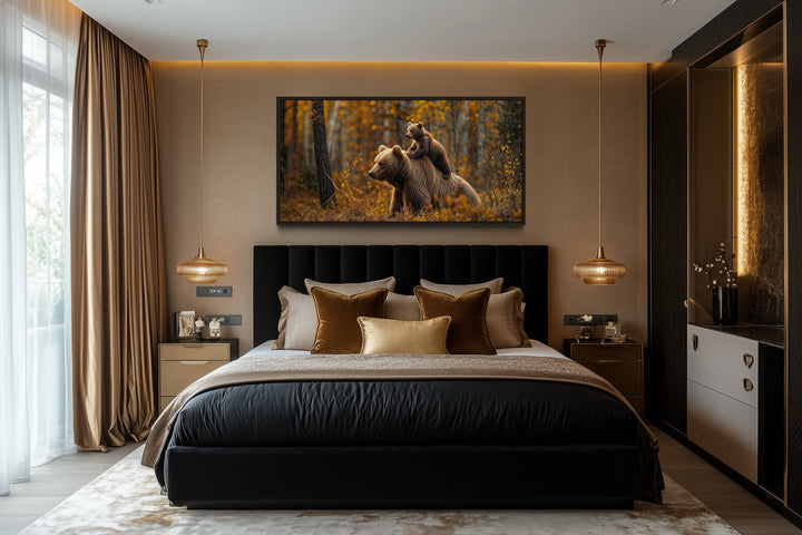 Baby Bear Riding Mama Bear In Autumn Forest Framed Canvas Wall Art