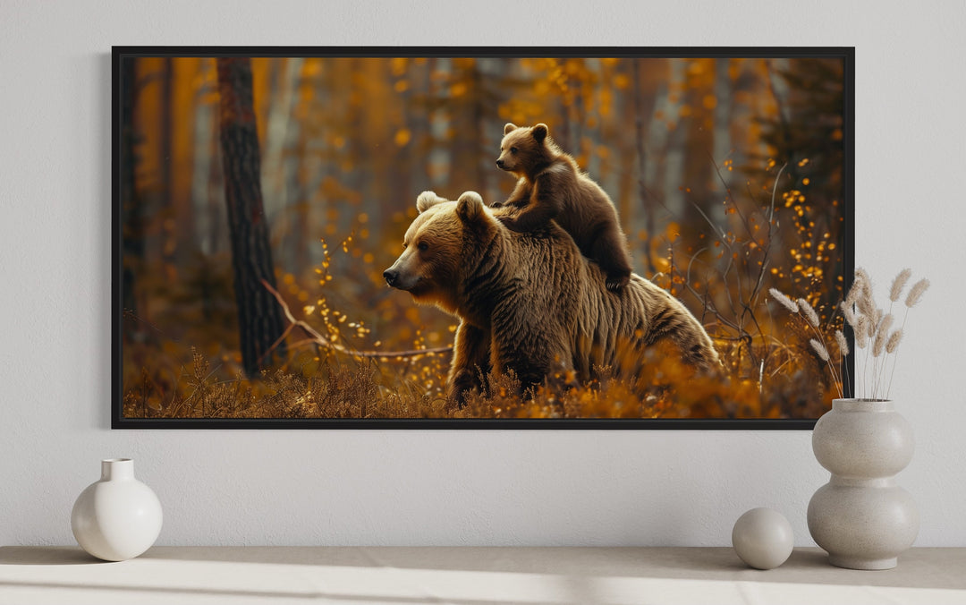 Baby Bear Riding Mama Bear In Autumn Forest Framed Canvas Wall Art