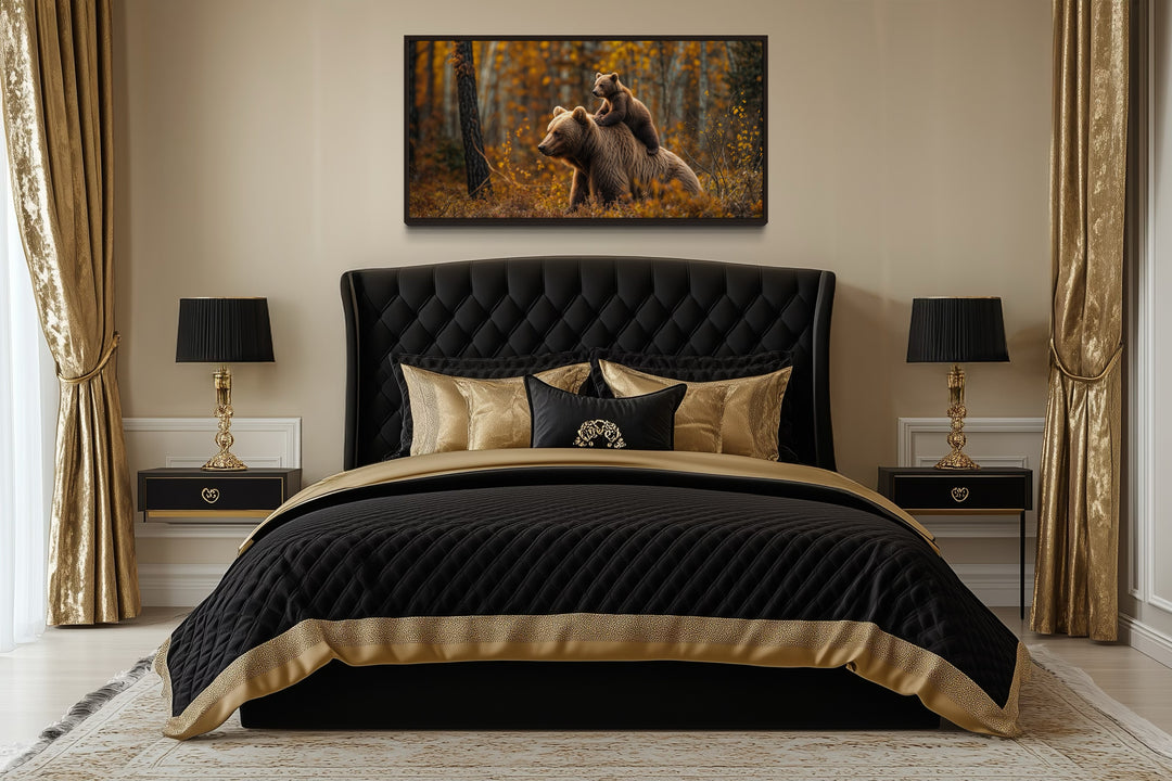 Baby Bear Riding Mama Bear In Autumn Forest Framed Canvas Wall Art