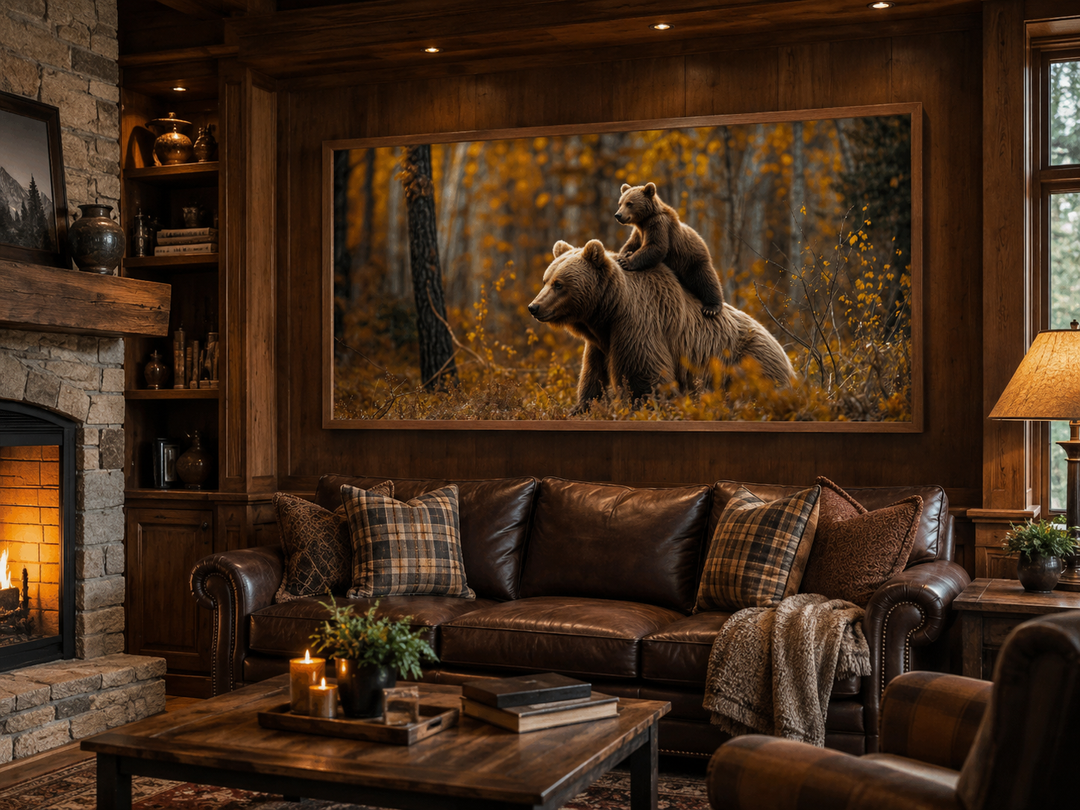 Framed canvas wall art of a baby bear riding a mama bear in an autumn forest above a leather sofa.