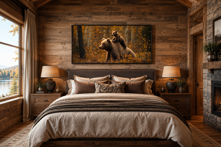 Framed canvas art of a baby bear riding a mama bear in an autumn forest above a bed in a cabin.