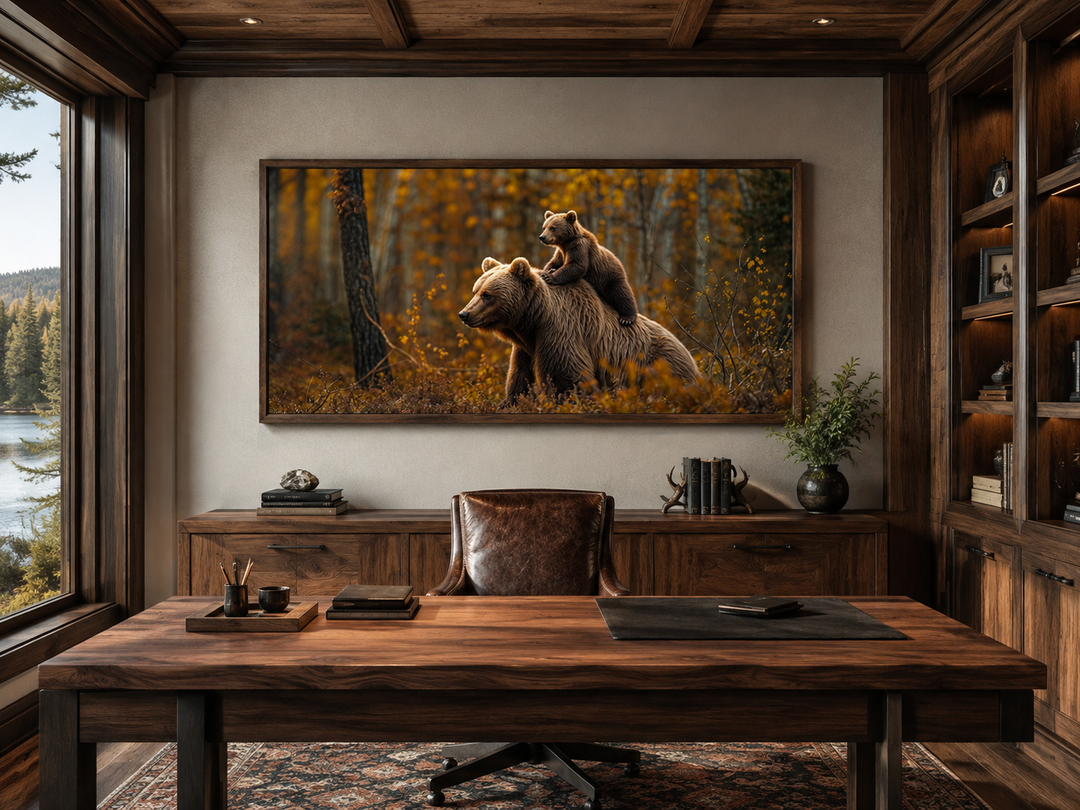 Baby bear riding mama bear in autumn forest framed canvas wall art in a rustic office setting.