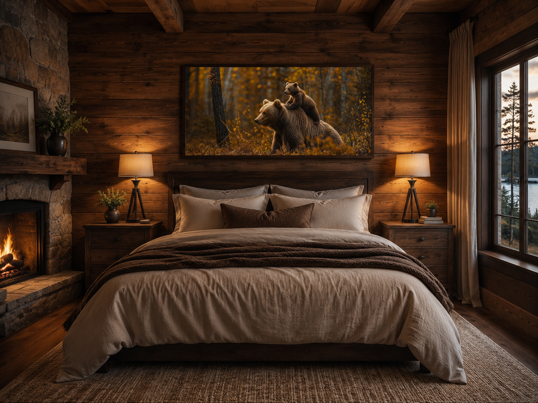 Framed canvas wall art of a baby bear riding a mama bear in an autumn forest above a bed in a cabin.