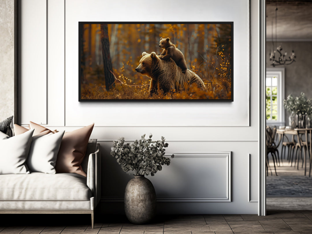 Baby Bear Riding Mama Bear In Autumn Forest Framed Canvas Wall Art