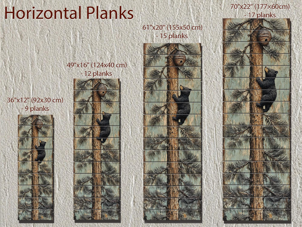 Baby bear climbing a pine tree on rustic horizontal wood planks, available in four vertical sizes.