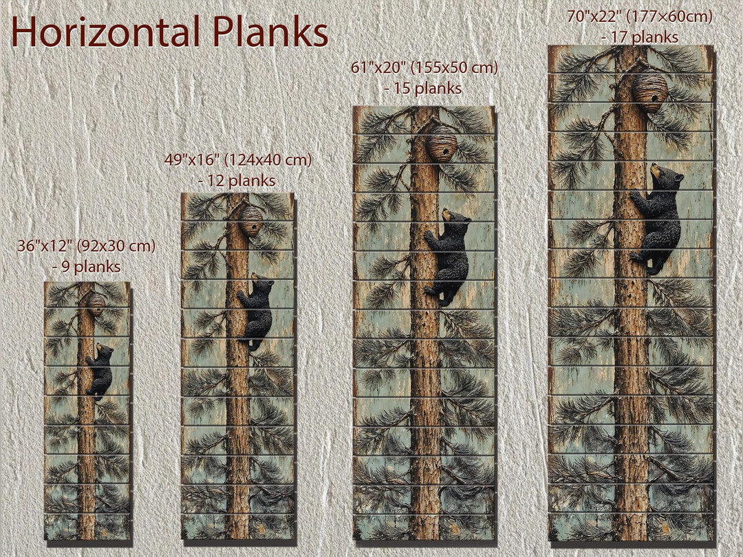 Baby bear climbing a pine tree on rustic horizontal wood planks, available in four vertical sizes.
