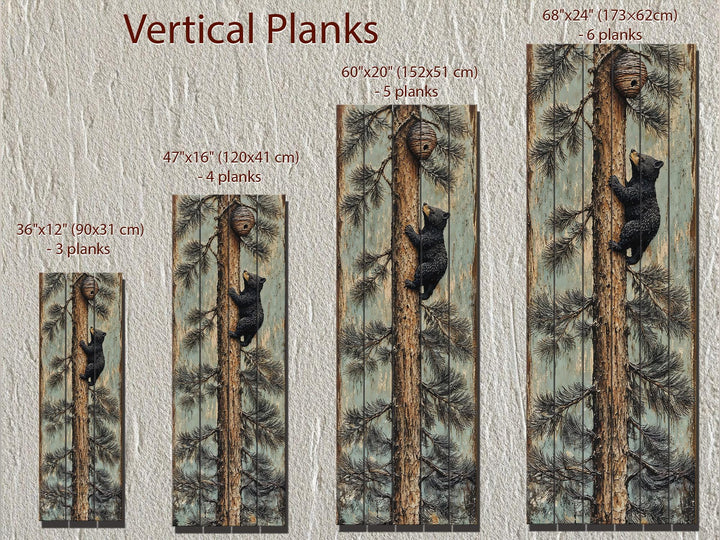 Four sizes of rustic wood plank wall art featuring a baby bear climbing a pine tree with a beehive.
