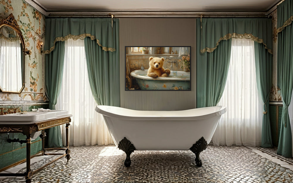 Baby Bear in a Bathtub Framed Canvas Wall Art