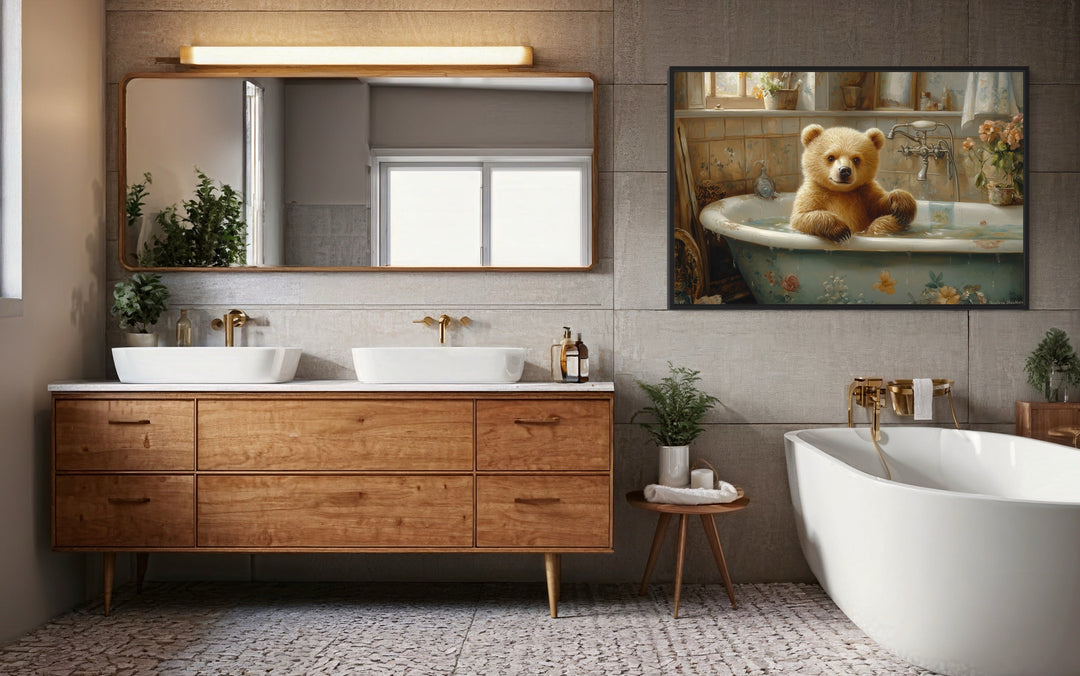 Baby Bear in a Bathtub Framed Canvas Wall Art