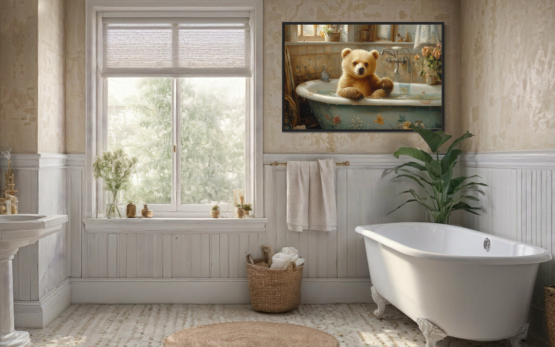 Baby Bear in a Bathtub Framed Canvas Wall Art