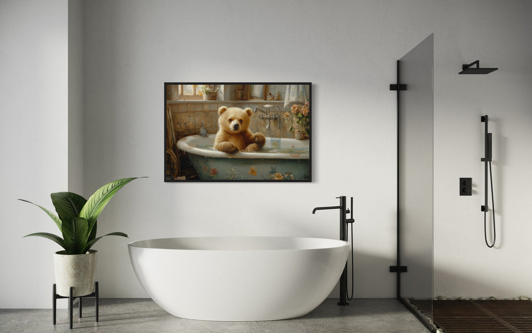 Baby Bear in a Bathtub Framed Canvas Wall Art