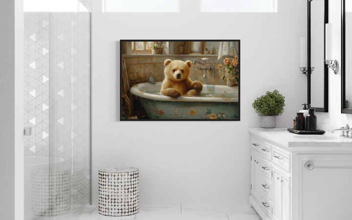 Baby Bear in a Bathtub Framed Canvas Wall Art