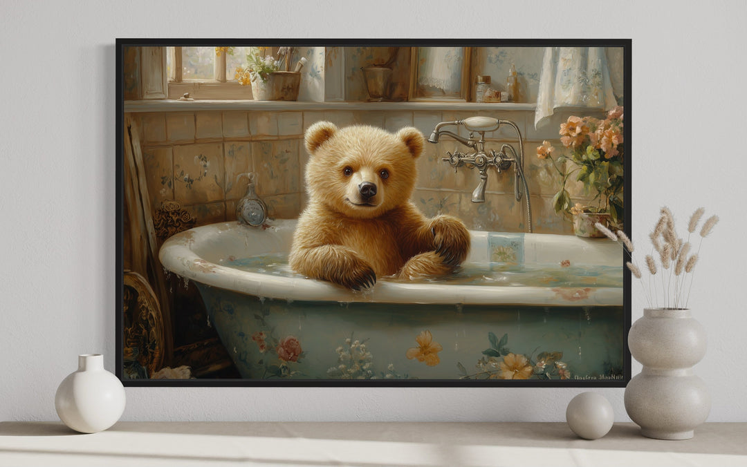 Baby Bear in a Bathtub Framed Canvas Wall Art