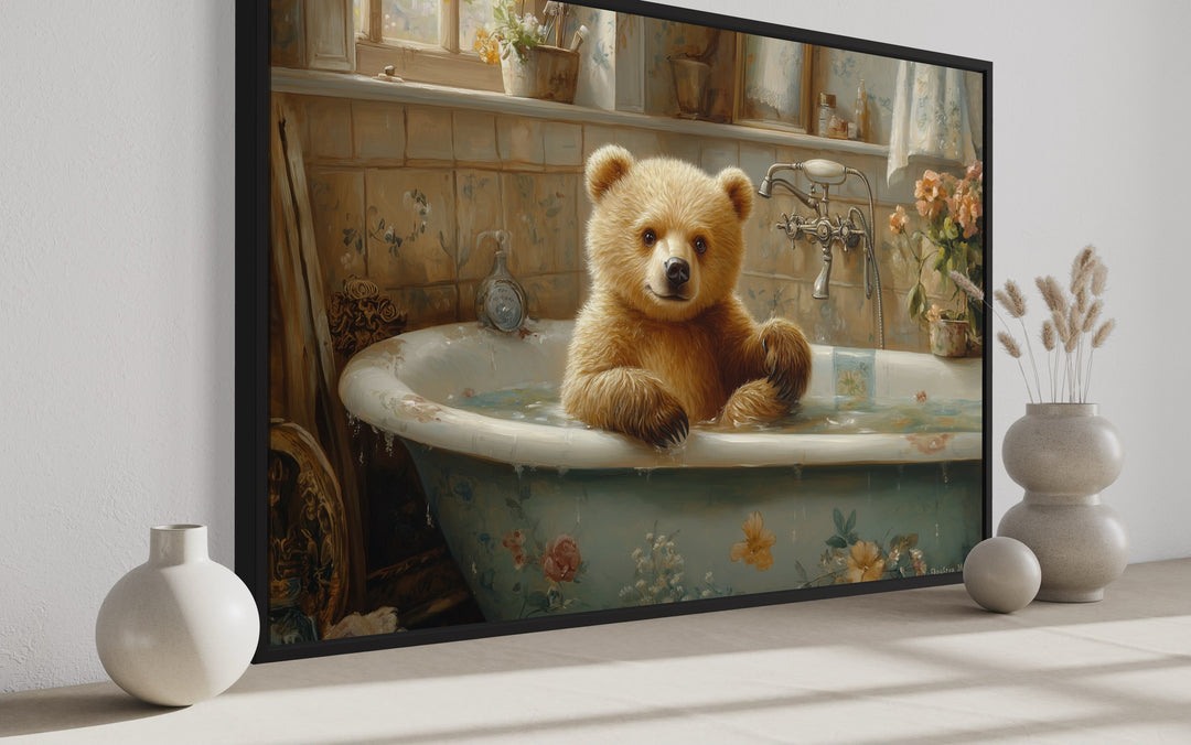 Baby Bear in a Bathtub Framed Canvas Wall Art