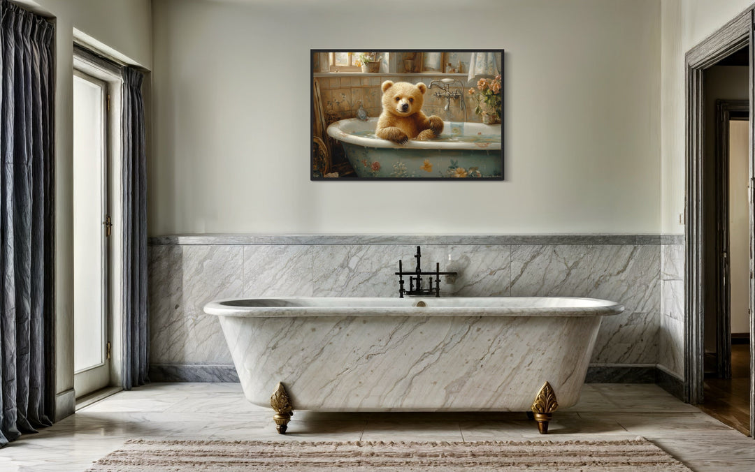 Baby Bear in a Bathtub Framed Canvas Wall Art