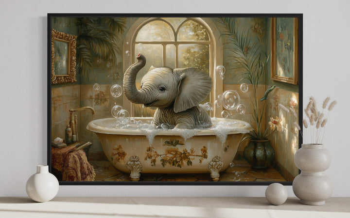 Baby Elephant in a Bathtub Framed Canvas Wall Art