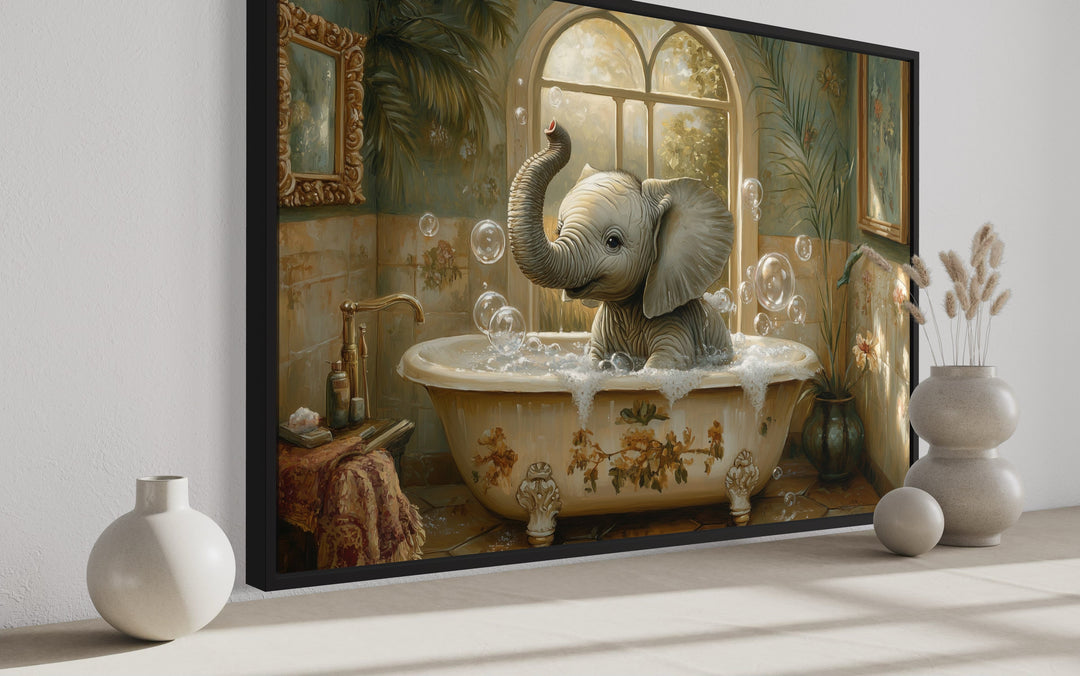 Baby Elephant in a Bathtub Framed Canvas Wall Art