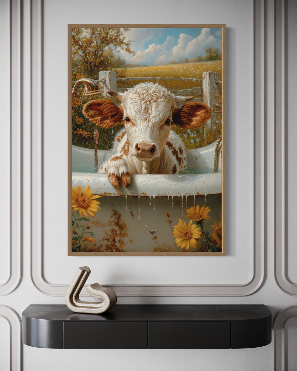 Framed canvas art of a baby Highland cow in a bathtub.