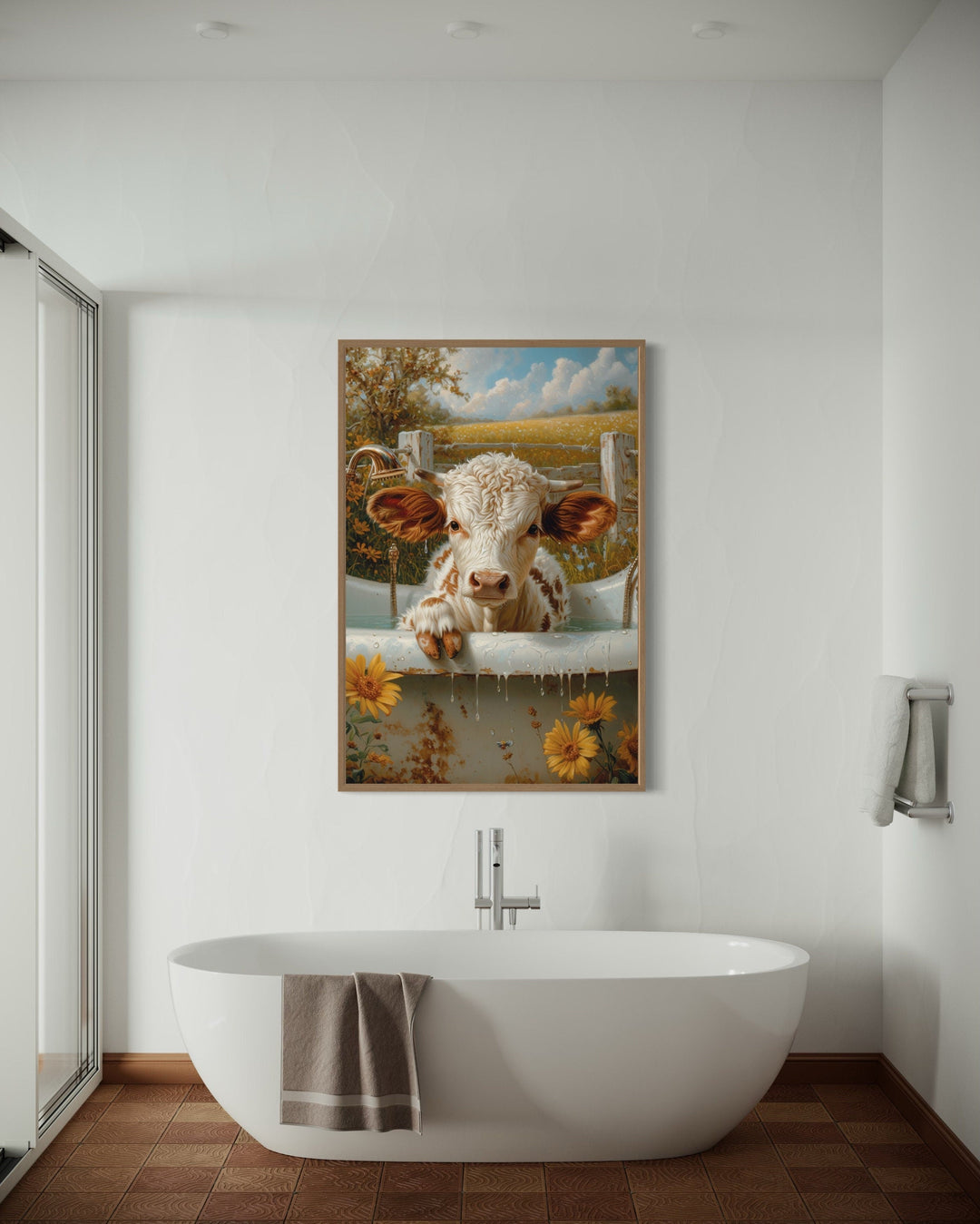 Framed canvas wall art of a baby Highland cow calf in a bathtub.