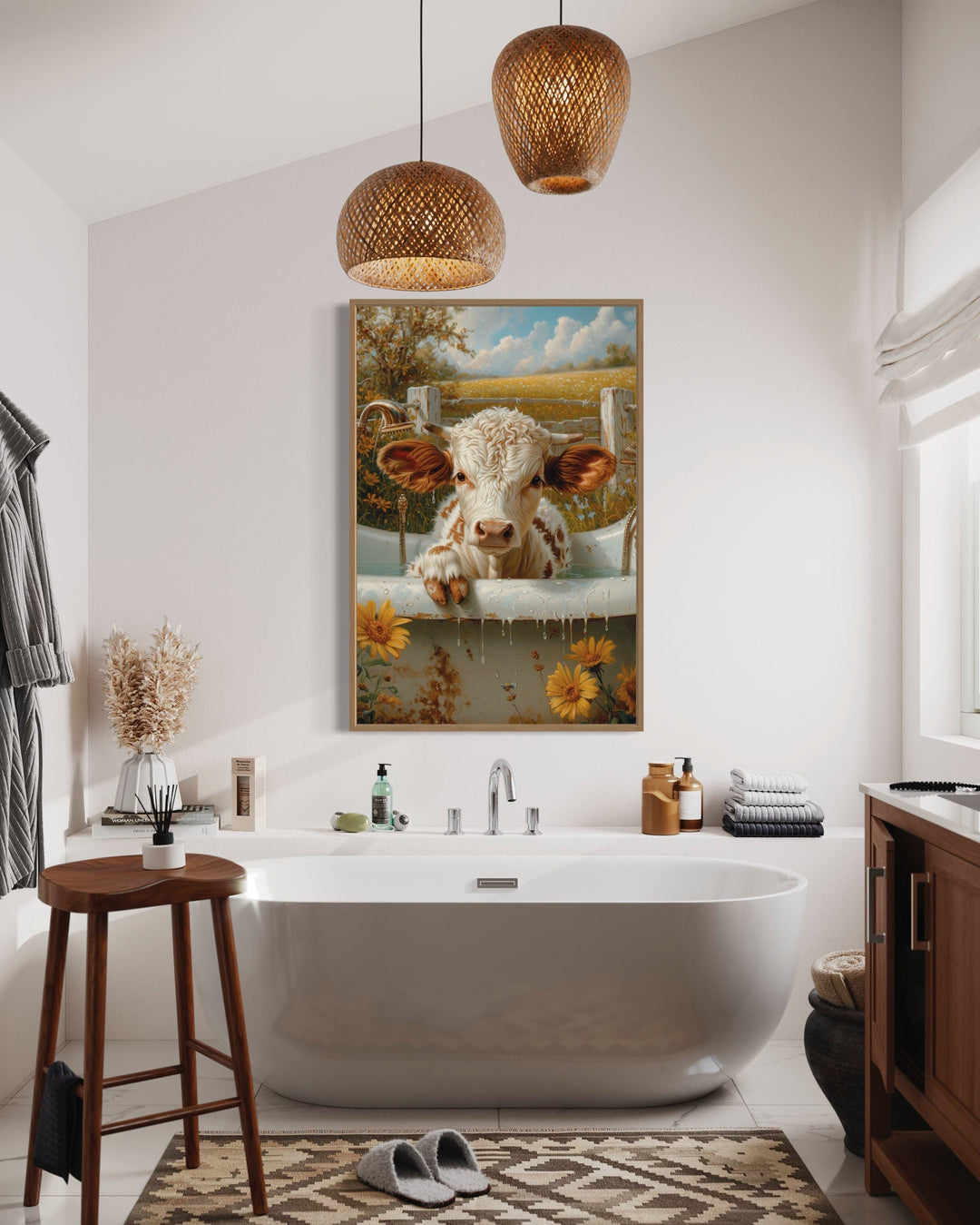 Baby highland cow calf in bathtub framed canvas wall art.