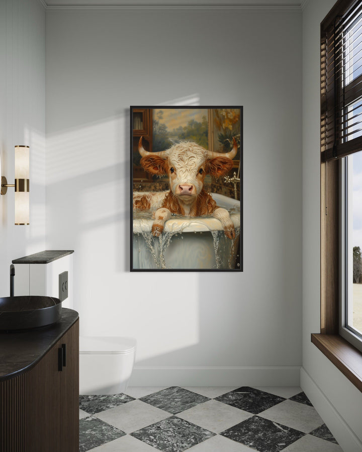 Baby Highland Cow In The Bath Tub Framed Canvas Wall Art