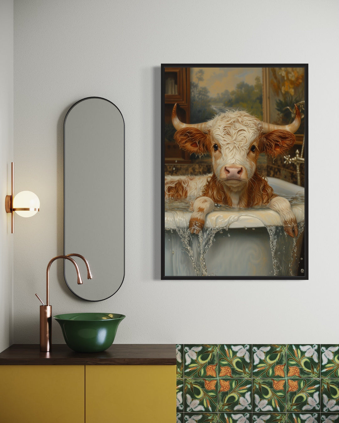 Baby Highland Cow In The Bath Tub Framed Canvas Wall Art